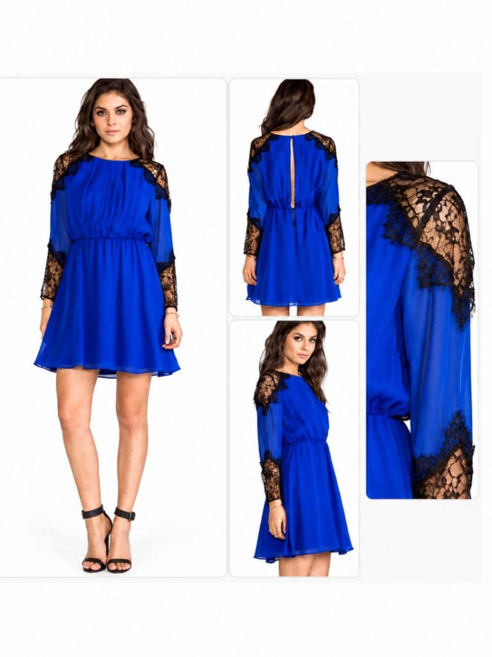 Alice + Olivia Dany Royal Blue & Black Lace Long Sleeve Dress M